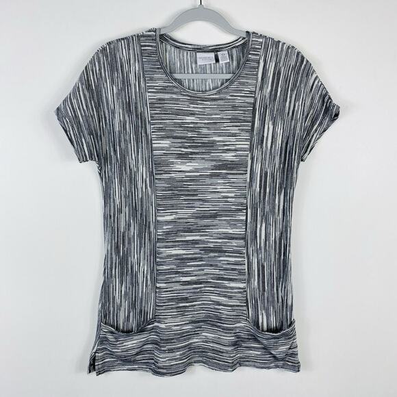 Chico's Size Small 4 0 Weekends Space Dye Top With Pockets Black Cream Cotton - Picture 1 of 4